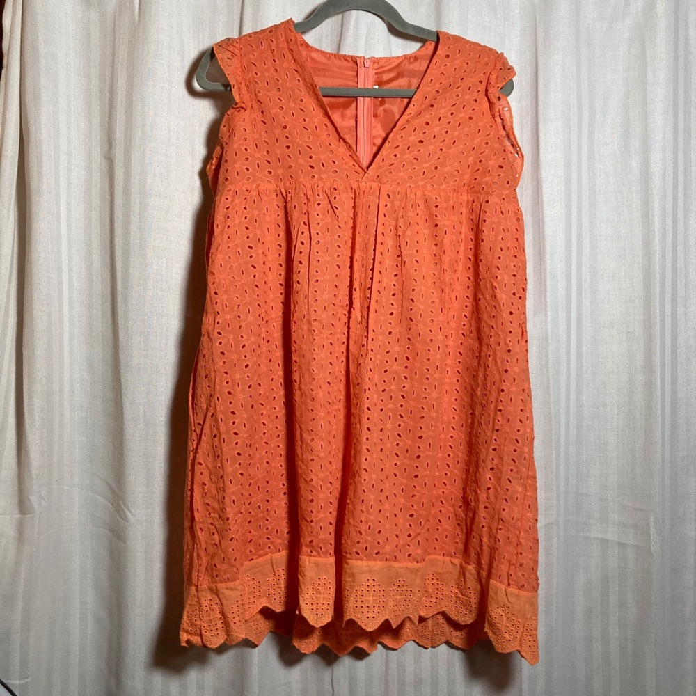 Feminine Boho Orange Eyelet Lace Romper Dress V-Neck Ruffle Mini Skort Pocket M